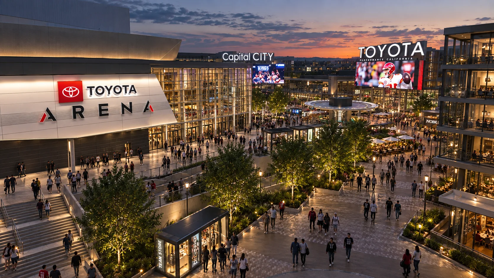Crowds on the Plaza outside Toyota Arena at dusk