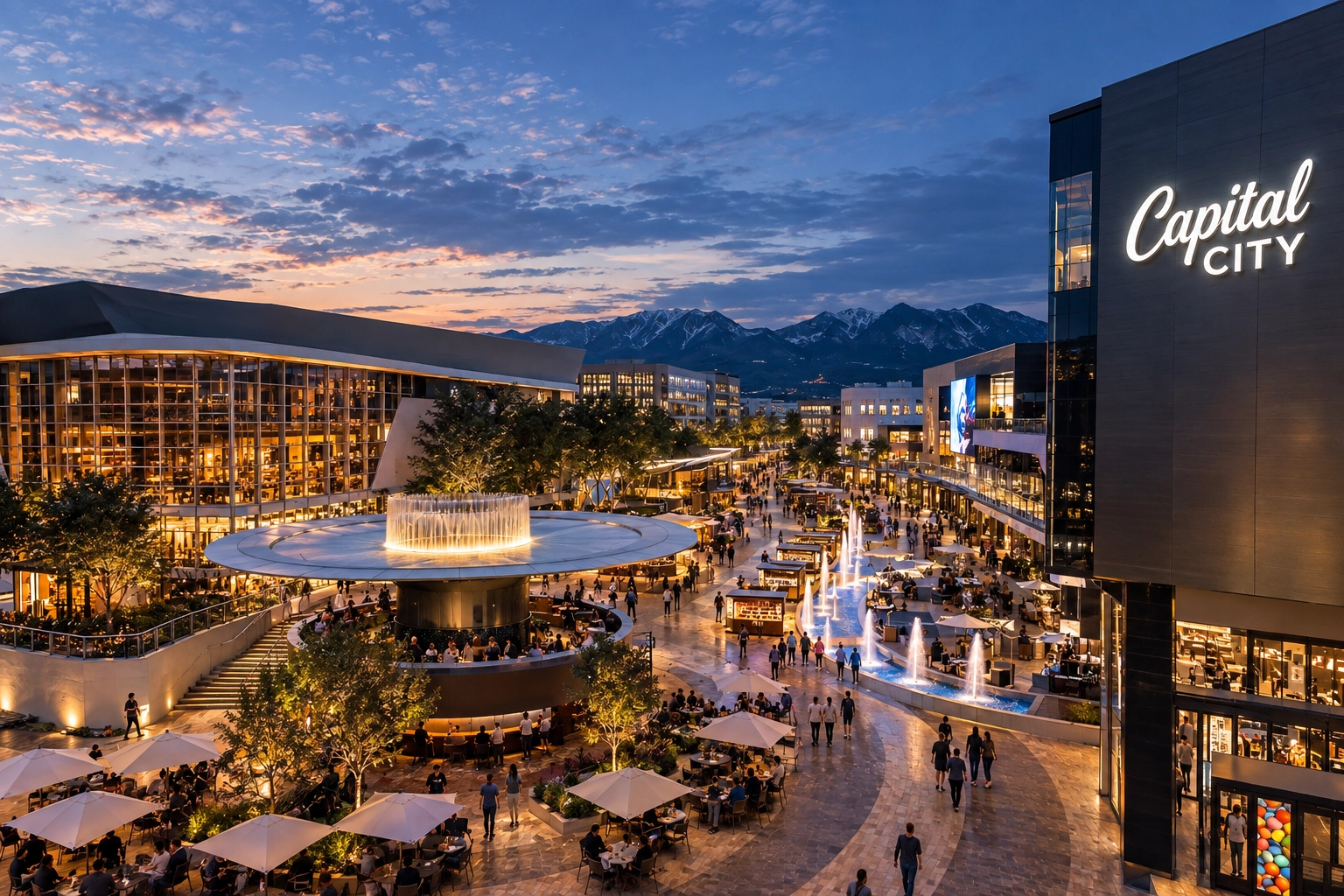The Plaza at dusk, with the Round Bar and the fountain