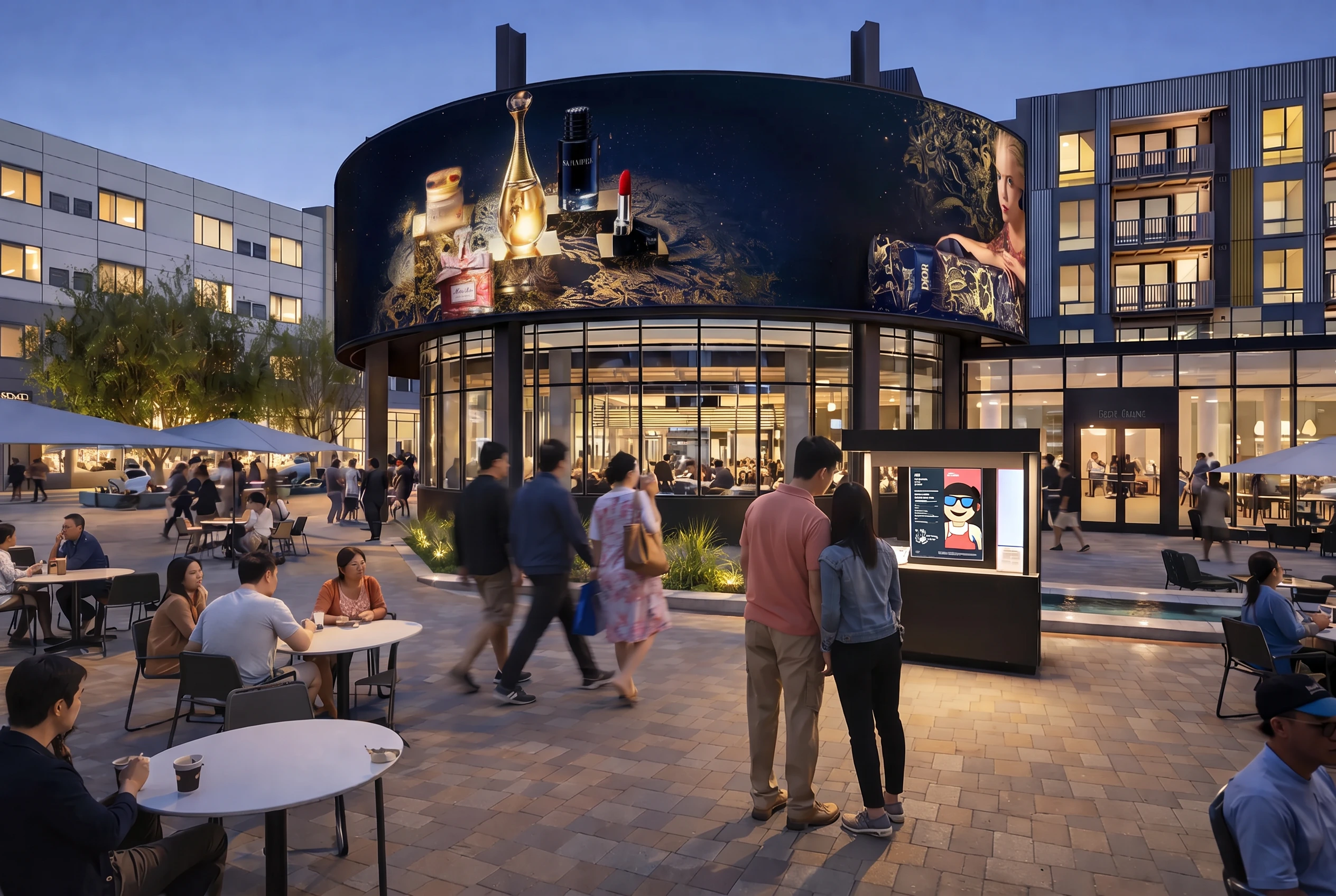 Large LED screens wrapping a pavilion on the Plaza at dusk