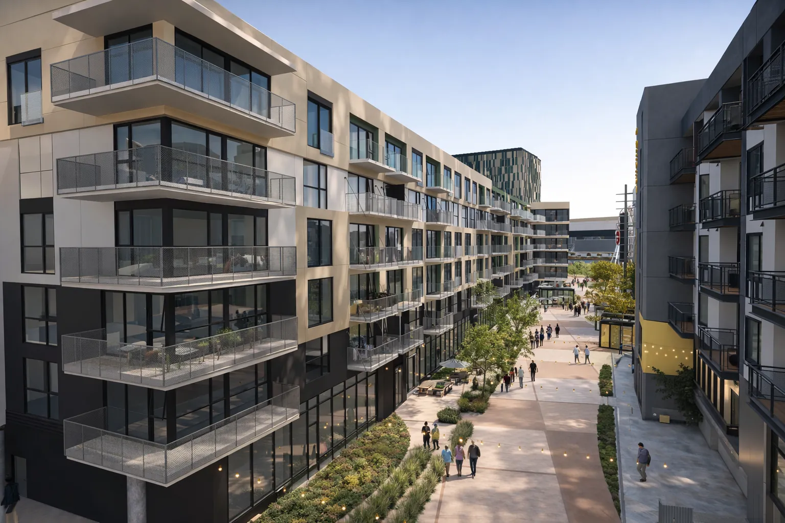 The residential courtyard walk between the Phase One buildings