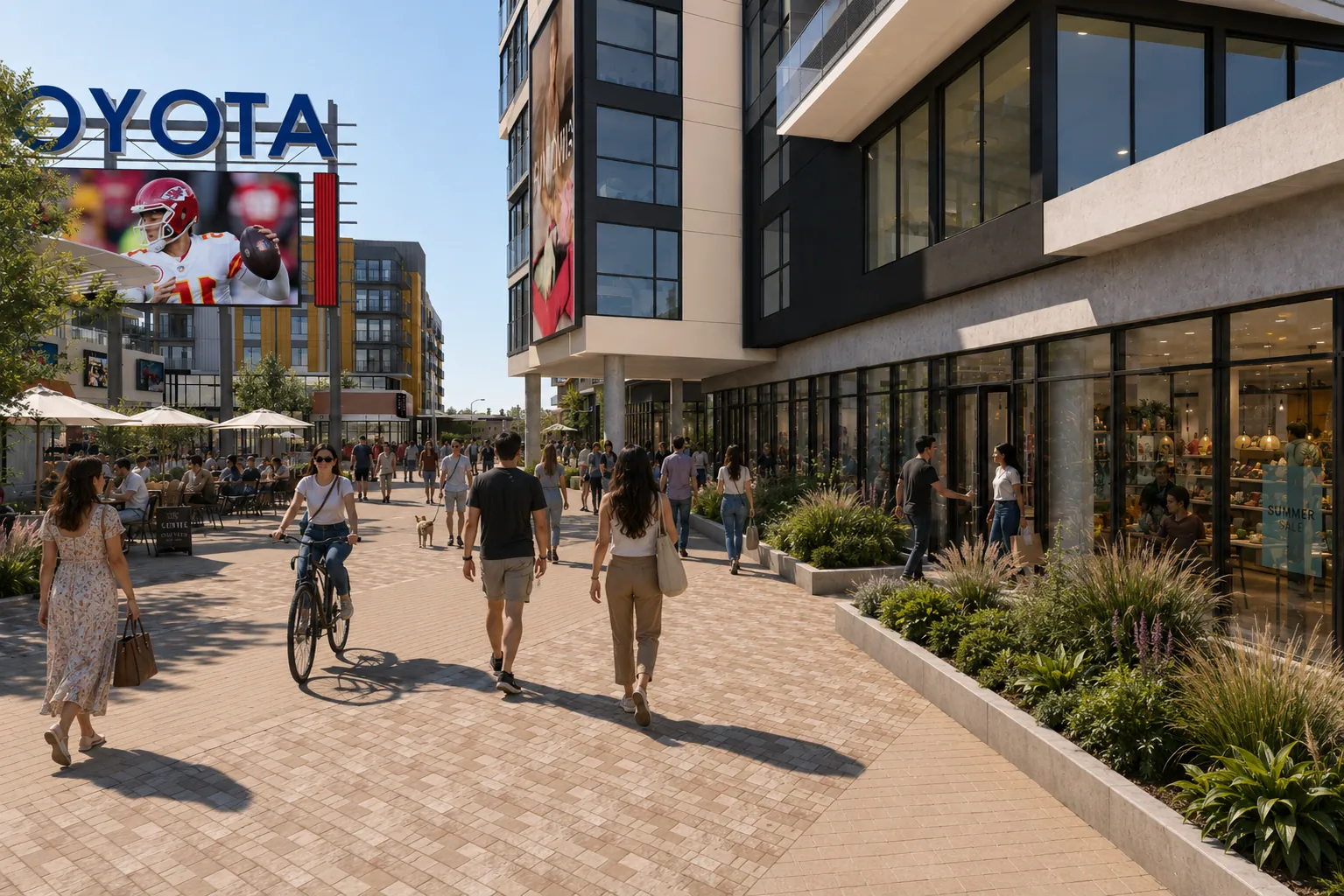 People walking and cycling past the ground-floor storefronts at Echo