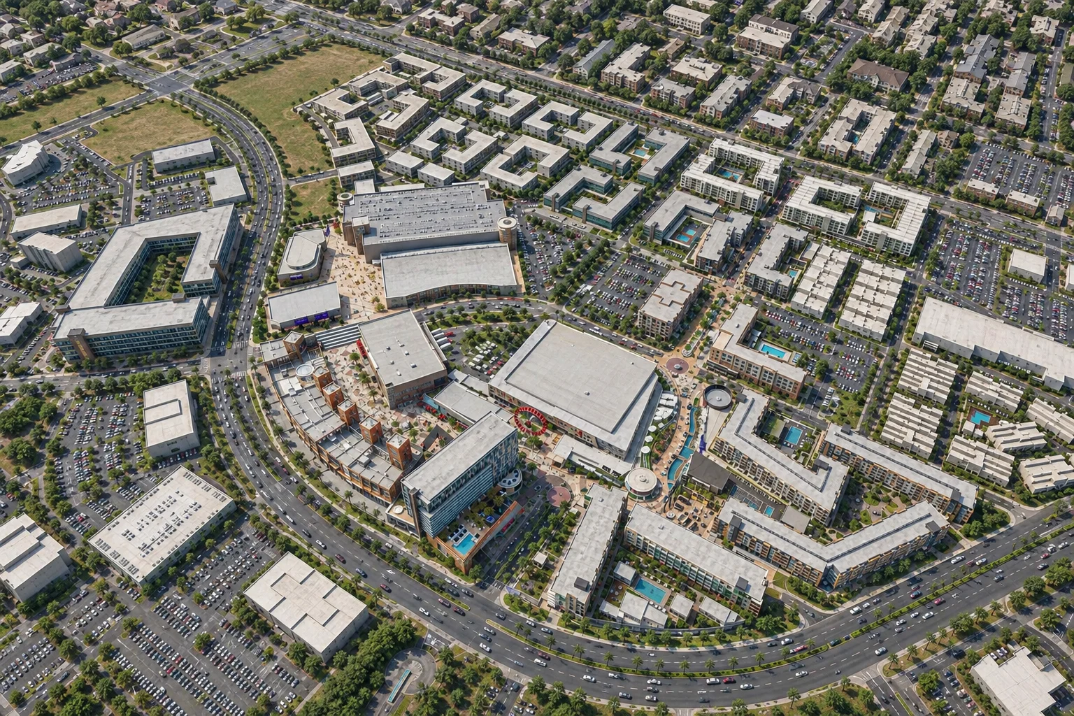 Aerial view of the Capital City master plan: Toyota Arena and the Plaza at the center, Edge and Echo beside them, and the further district lots around.