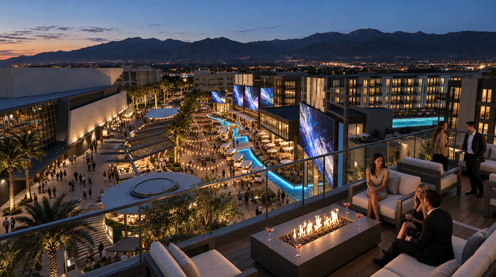 A rooftop terrace above the Plaza at dusk: guests around a fire table, the lit Plaza and the mountains behind