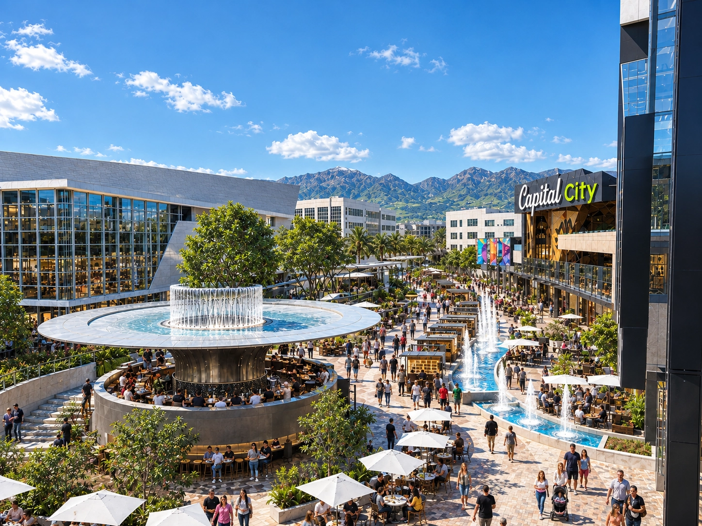 The Plaza by day: the Round Bar, water features and patios, the mountains behind
