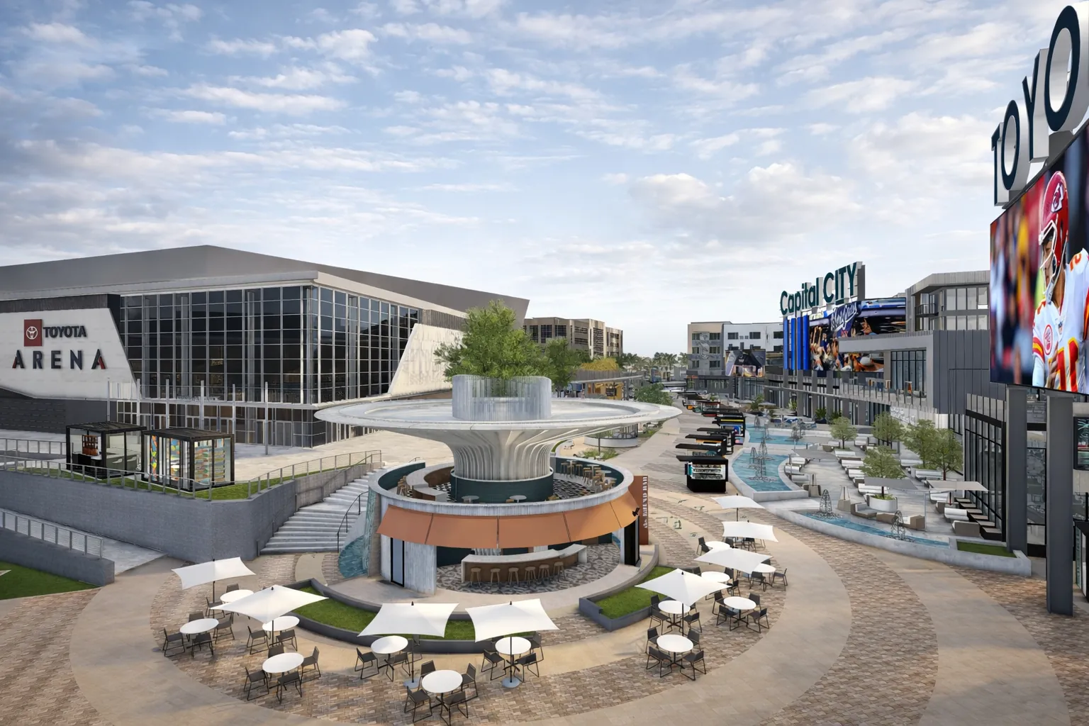 The Plaza floor by day, patios around the Round Bar and its fountain