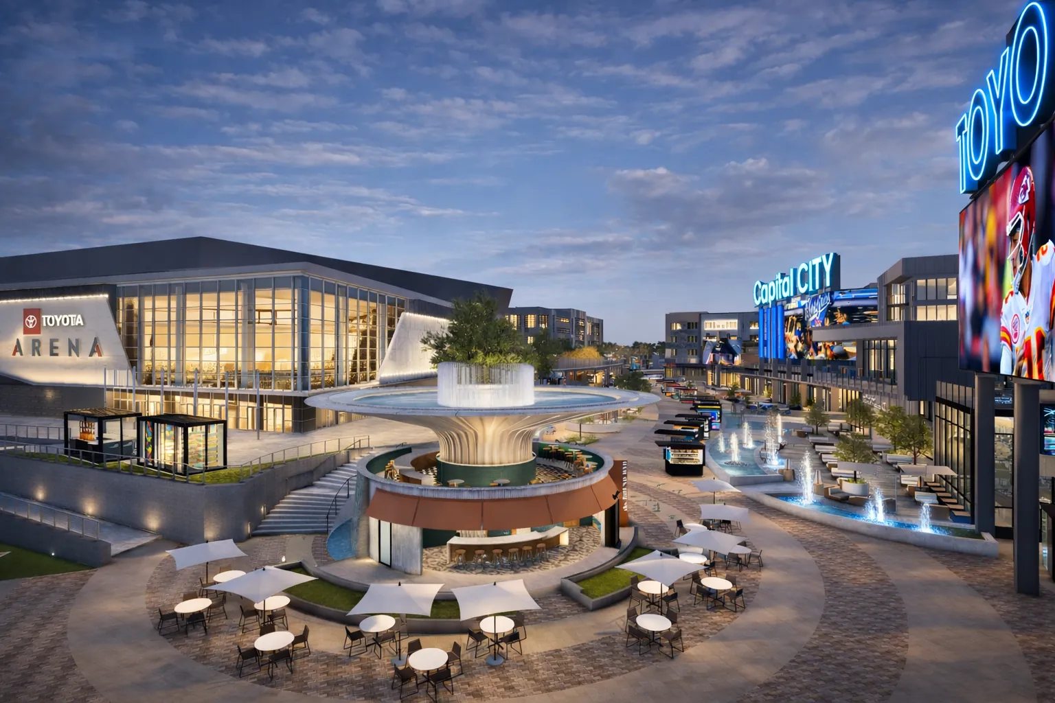 The Round Bar and its patios at nightfall, Toyota Arena lit on the left