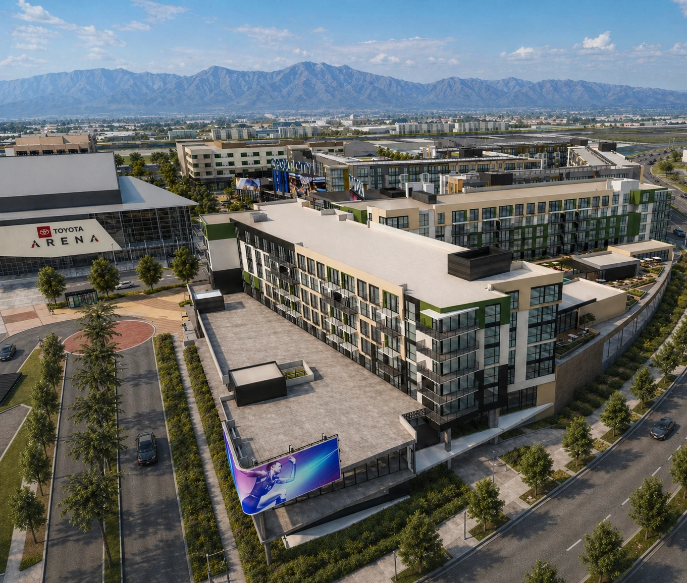Echo, Lot B: the whole building beside Toyota Arena, seen from the air